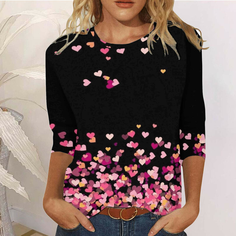 Women Suitable Tops Round Neck Three Quarter Sleeve Comfortable Floral Print Blouse T Shirts
