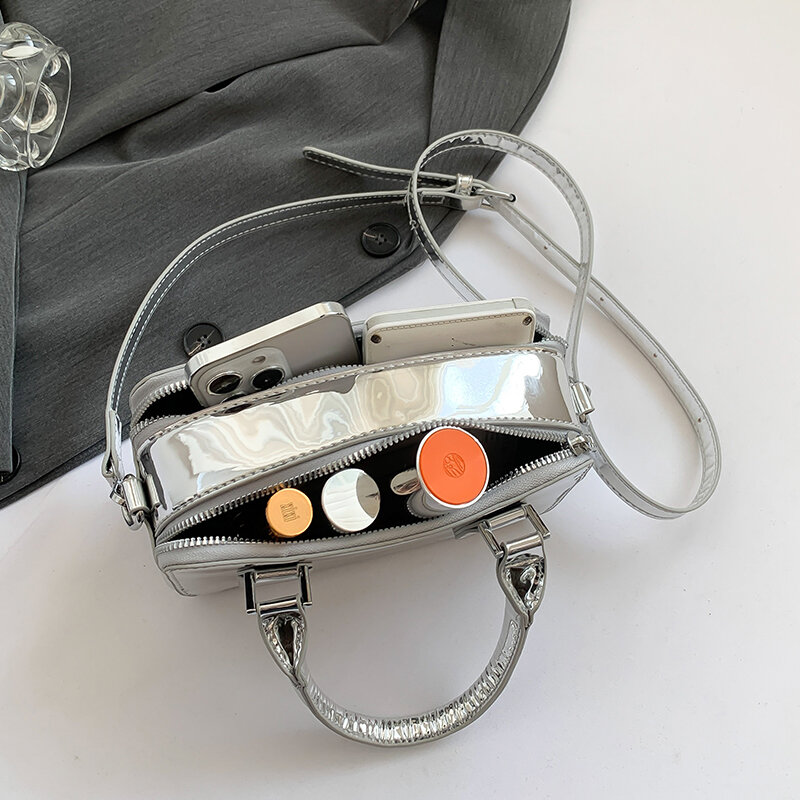 Silver Shoulder Bag For Women 2024 Summer Mini Small Phone Purse Glossy Pu Leather Crossbody Bag Luxury Brand Female Handbags