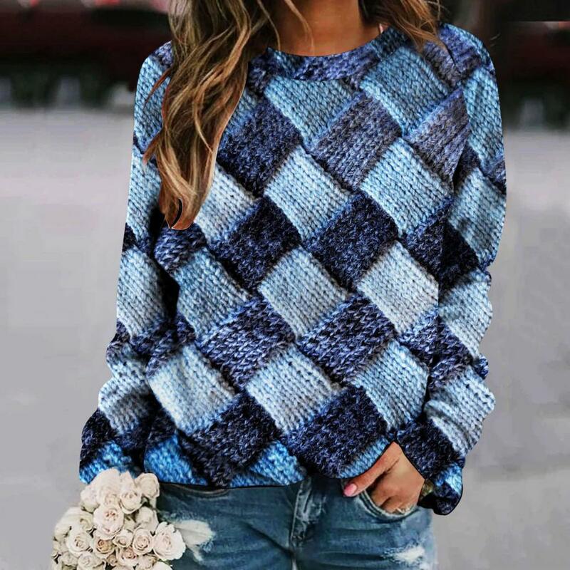 Blouse Colorful Print Round Neck Long Sleeve Loose Pullover for Women Retro Spring Top Sweater