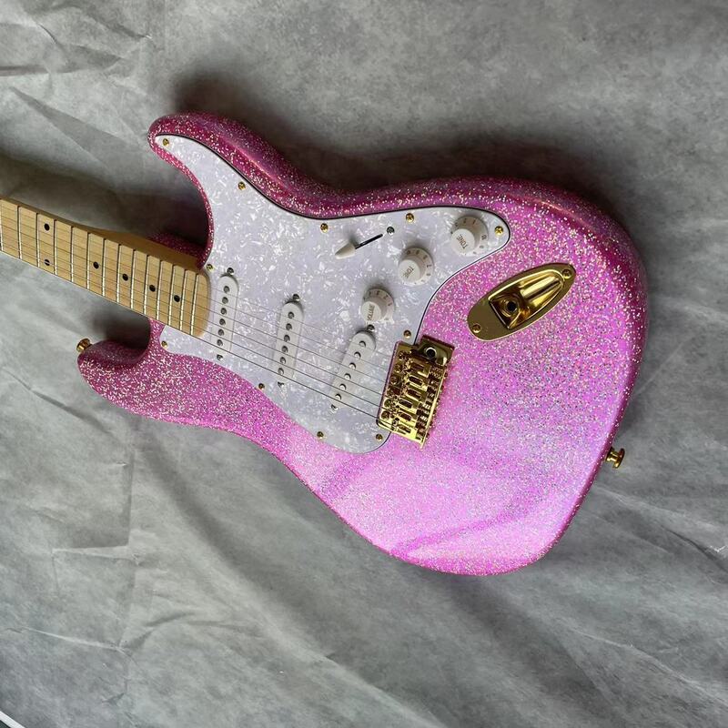 Electric guitar with 6 strings, pink particle body, maple fingerboard, maple track, real factory pictures, can be shipped with a