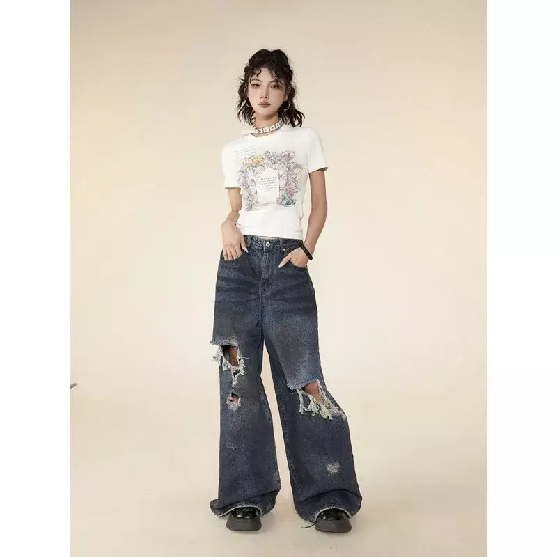 Рваные джинсы большого размера Deeptown Y2k, уличная одежда, Готическая кокетка с широкими штанинами, джинсовые брюки гранж, винтажные американские брюки с высокой талией