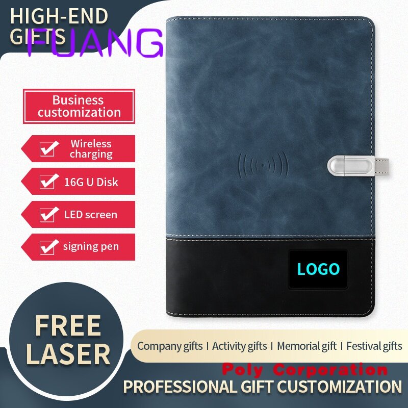Custom  Custom LED Logo A5 Loose Leaf Pu Leather Splice Hard Cover 6 Binder Diary Powerbank Notebook With 10000mah for Apple and
