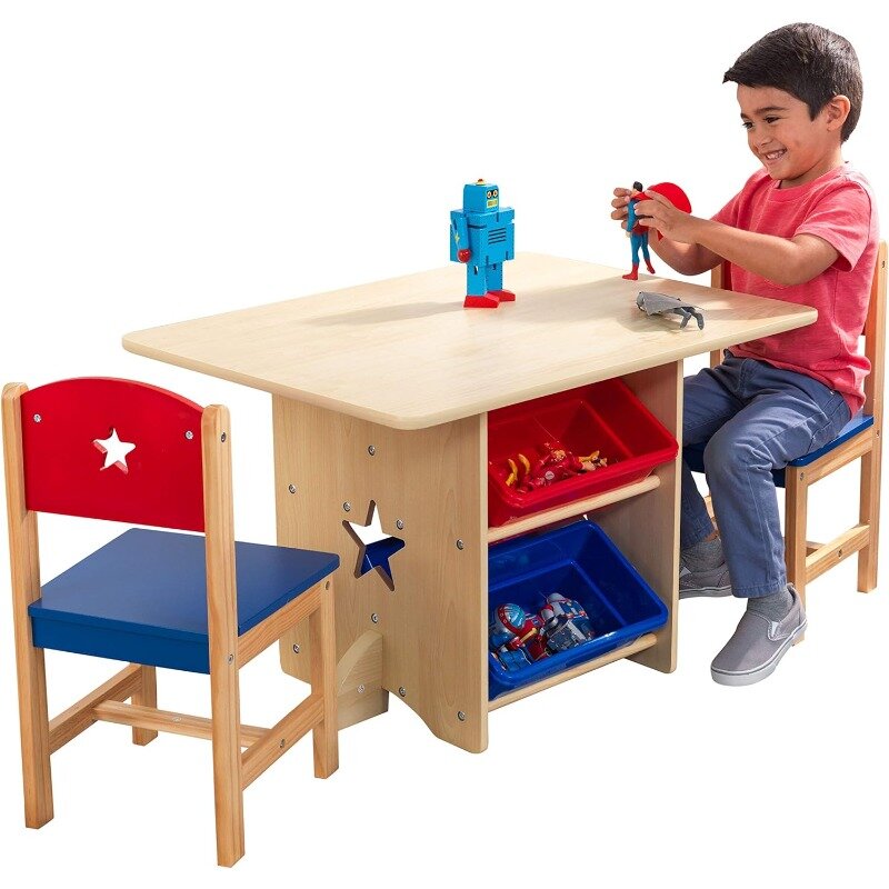 Drewniana gwiazda stół i zestaw krzeseł z 4 pojemniki do przechowywania, meble dla dzieci-czerwony, niebieski i naturalny