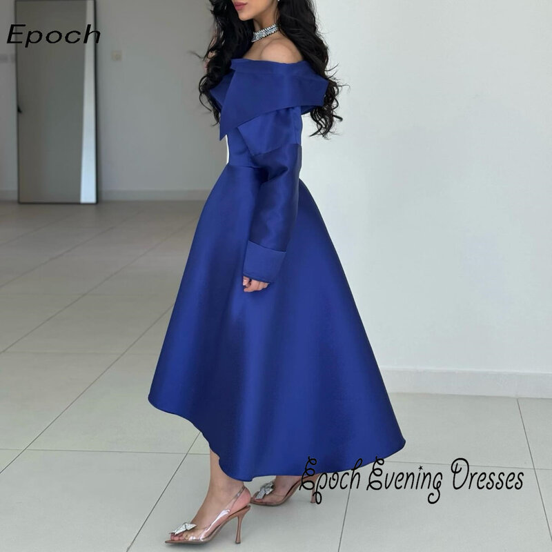 Vestido de noite formal feminino de cetim, fora do ombro, longo A, vestido sexy de baile, azul marinho, coquetel, 2022