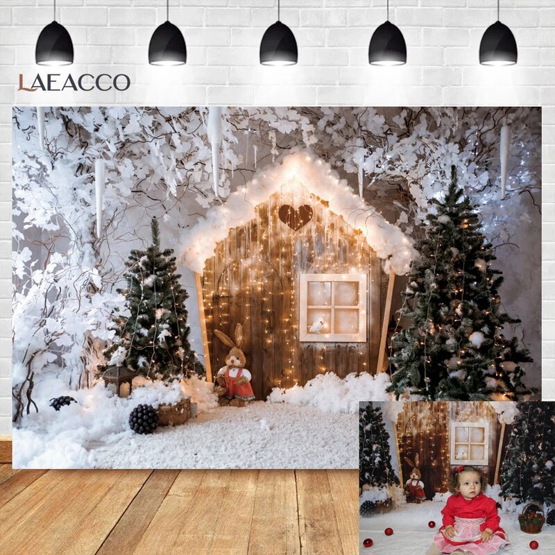 Laeacco-telón de fondo para estudio fotográfico, de ladrillo antiguo Telón, chimenea, árbol de Navidad, regalo, oso de peluche, bebé