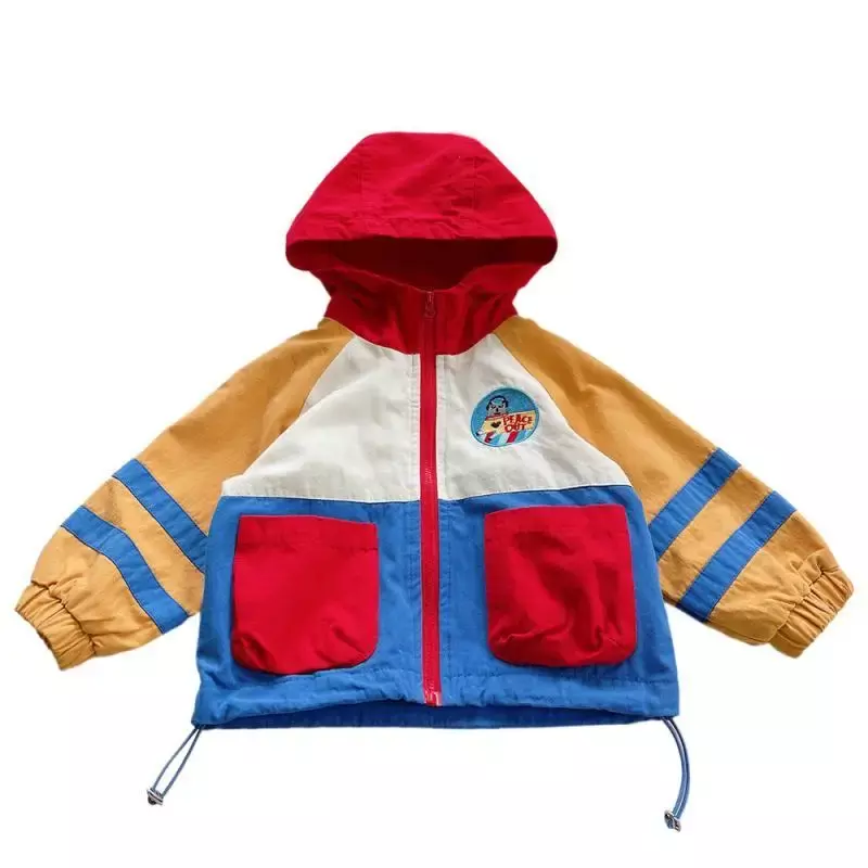 Jaqueta retrô colorida de patchwork infantil com capuz corta-vento 100% algodão, roupas de meninos e meninas estilo americano infantil, blusa primavera e outono
