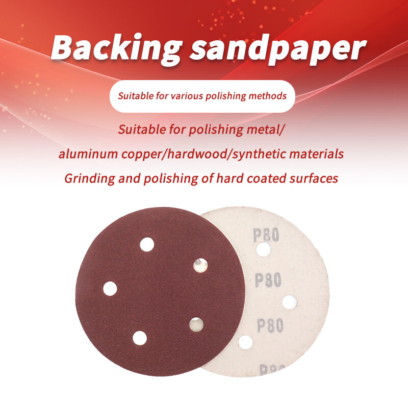 กระดาษทราย5นิ้ว5รูสีแดง50ชิ้นคละแบบ60/80/120/180/220/320/400/600/800/1000กรวดตะขอและห่วงสำหรับขัดและบด