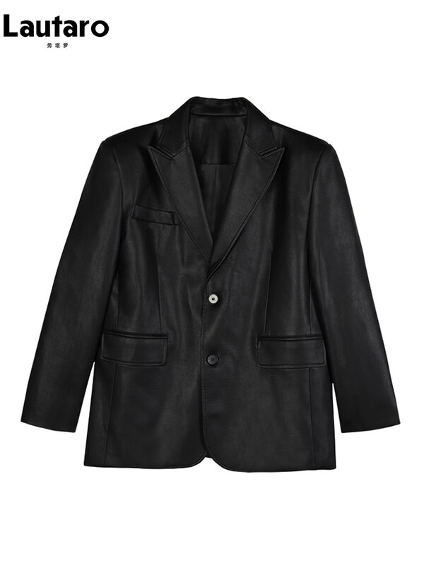 Lautaro-blazer macio de couro PU feminino, almofadas de ombro, manga comprida, peito único, solto, casual, preto, marrom, moda coreana, outono
