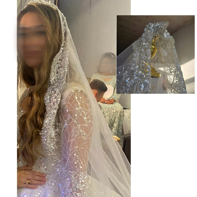 Full crystal pearl lace veil bridal cathedral luxury 2024 new wedding accessories white veil With metal hair comb