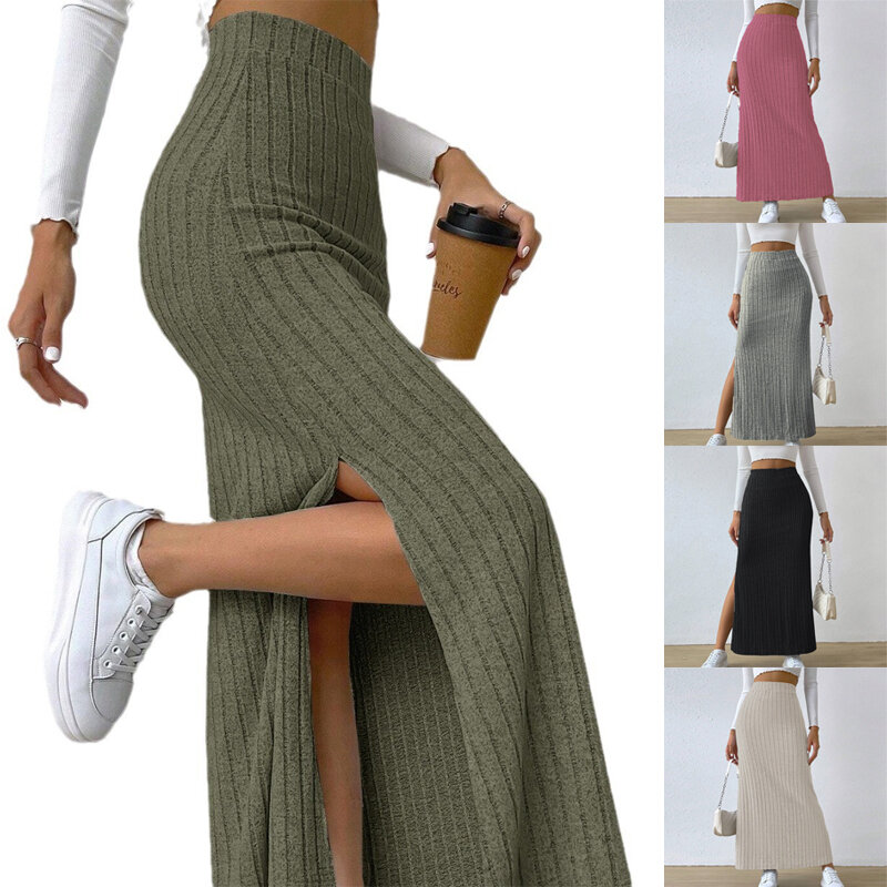 Women's Chic High Waist Side Slit Knitted Skirt Spring Summer Solid Color Sexy Slim Elastic Half Skirt Streetwear