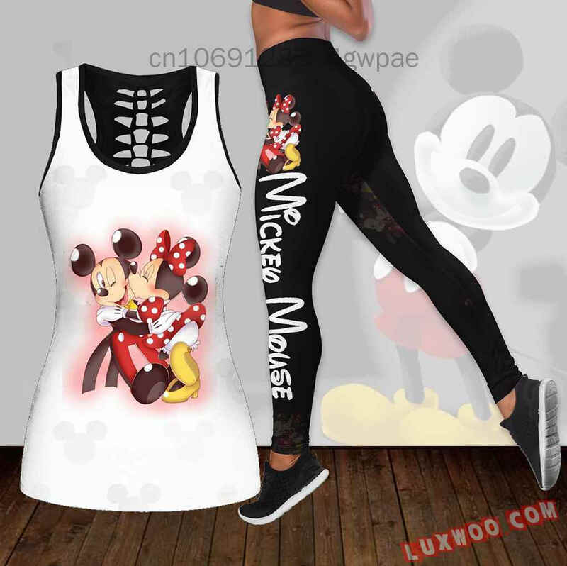 Женский ажурный жилет и леггинсы Disney, костюм для йоги с Микки и Минни, спортивный костюм с леггинсами для фитнеса, комплект с майкой и леггинсами