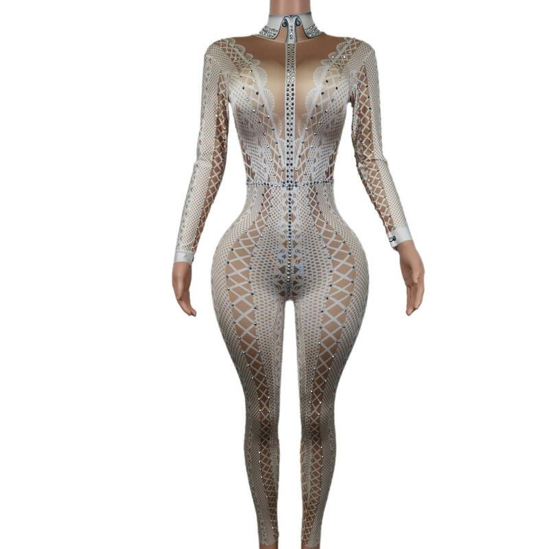 Sparkling Rhinestones Tights Jumpsuit Long Sleeve Personality Performance Costume Ladies Nightclub Dance Show Wear Lianti