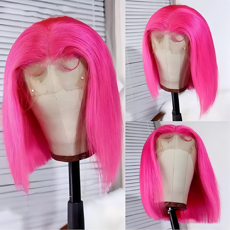 女性のためのブラジルのストレートヘア,接着剤なしのナチュラルヘアウィッグ,ピンクの透明なボブウィッグ,レミーヘア