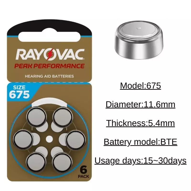 Rayovac Hearing Aid Bateria para surdez, PERK 675/A675, ar de zinco, 1.45V, 675A, 675, 675, PR44, 60 Pcs