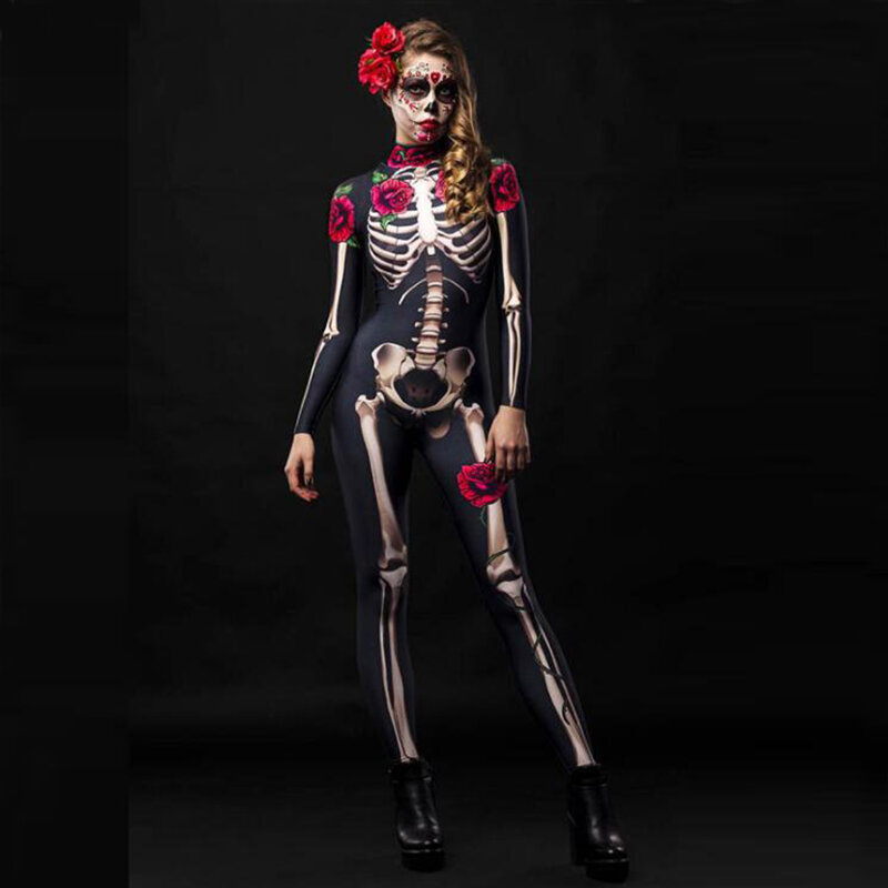 Adult Kids Scary Ghost Skull Devil Costume Women Girl Halloween Skeleton Carnival Jumpsuit Cosplay Clothes Party Day of The Dead