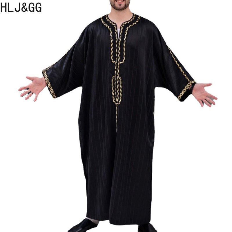 Hlj & GG เสื้อคลุมสำหรับผู้ชายสไตล์มุสลิม, เสื้อคลุมแขนยาวปานกลางคอวีลำลองสไตล์อาหรับพิมพ์สีทองเสื้อผ้าอิสลาม