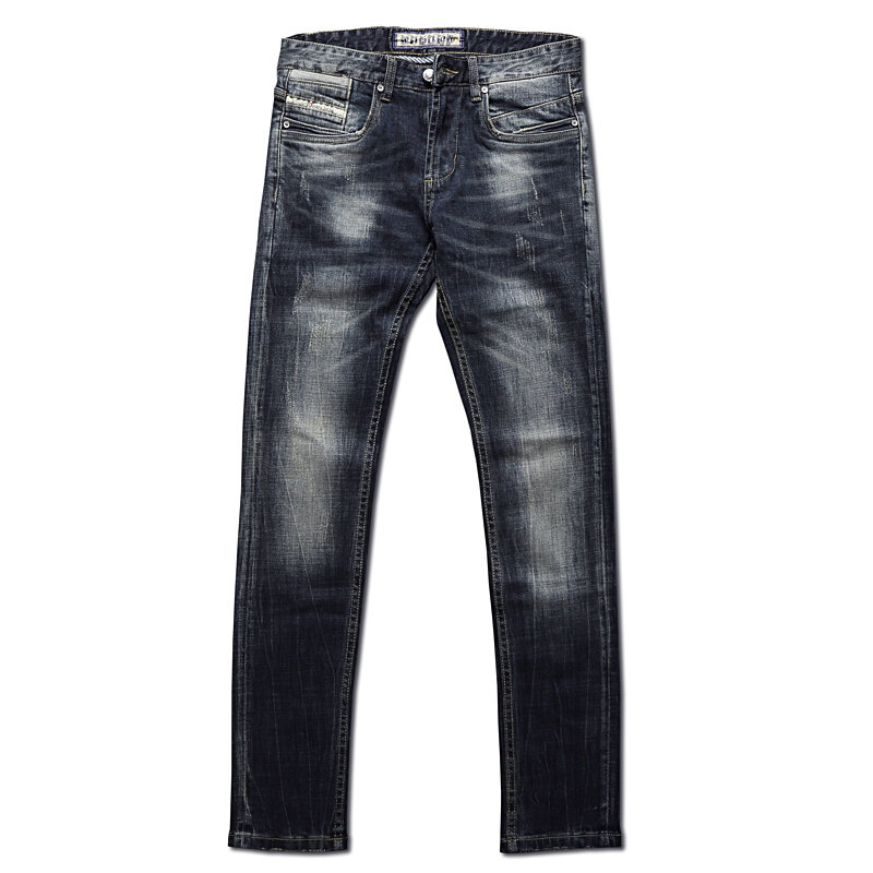 Pantalones vaqueros de estilo italiano para Hombre, Jeans rasgados, elásticos, de alta calidad, Retro, negro y azul, diseño Vintage
