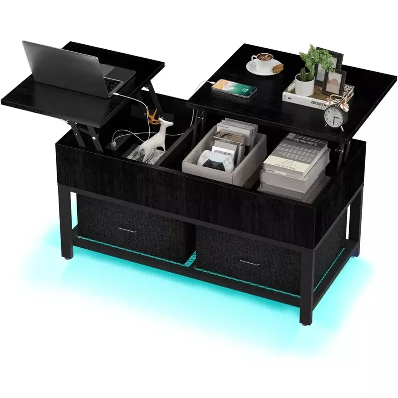 収納付きコーヒーテーブル,モダンなスクエアセンターテーブル,USB充電ポート,39.4インチ