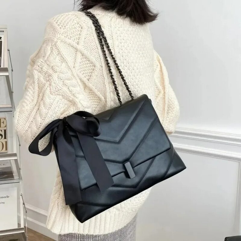 Модная сумка через плечо с цепочкой и бантом, вместительная сумка из полиуретана, однотонная Повседневная сумка для подмышек, повседневная женская сумка