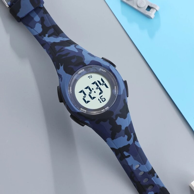 OHSEN เด็กดิจิตอลนาฬิกา Blue Camouflage เด็กหญิงเด็กชายกีฬากันน้ำ LED นาฬิกาข้อมือนาฬิกาปลุกนาฬิกาปลุกเด็กอิเล็กทรอนิกส์นาฬิกา