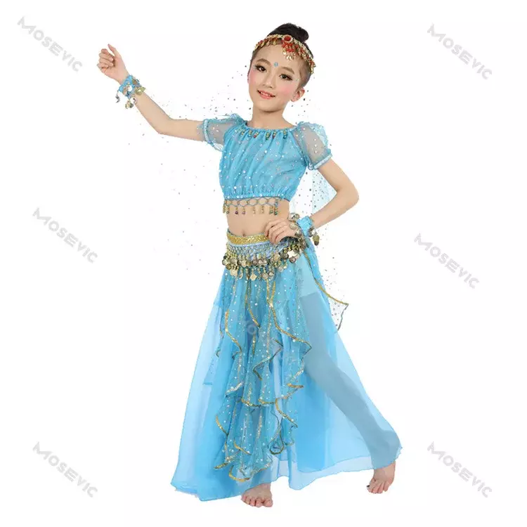 Traje de dança do ventre para crianças, roupas de dançarino oriental, trajes de dança indiana para meninas, novos, 3 peças por conjunto