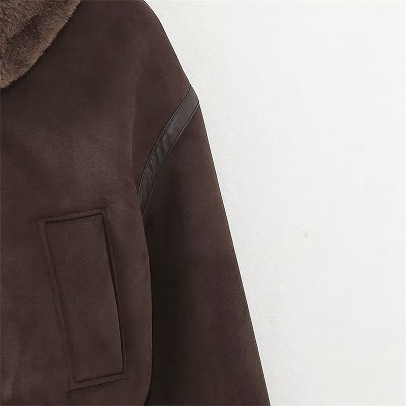 Keyanketian-女性用両面ファークロップドジャケット、ジッパー付き人工皮革、スエードクロップトップ、冬、新