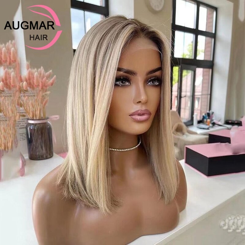 Ash Blonde Highlight Human Hair Wigs 13x4 Silk Top Lace Front Wig 200 Density Short Bob Human Hair Lace Frontal Wigs For Women