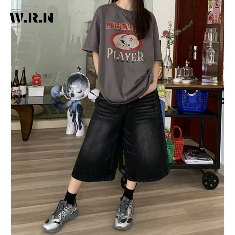 Pantalones cortos de mezclilla para mujer, Shorts Vintage e informales de pierna ancha, estilo años 2000, Retro, de cintura alta