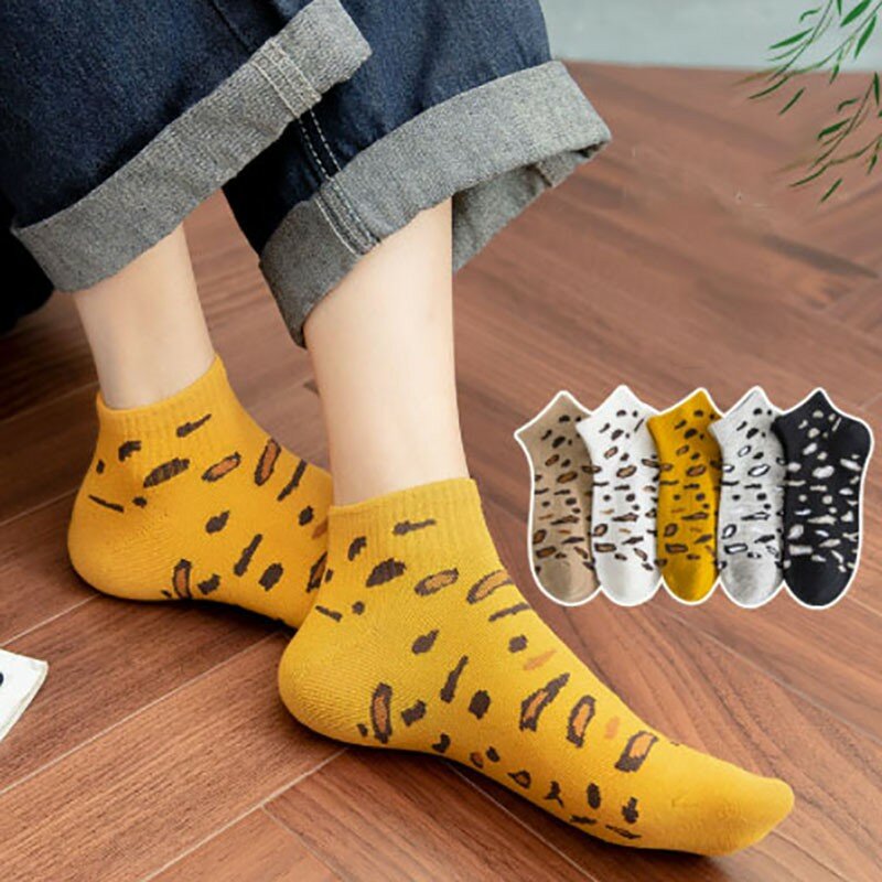 Chaussettes coordonnantes imprimées à rayures léopard douces pour femmes, chaussettes bateau fines, durables et simples, mode pour dames, AZ103, 5 paires