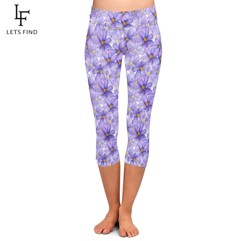 LETSFIND nuove donne Capri Leggings moda dipinti a mano fiori viola stampa vita alta morbido Stretch pantaloni a metà polpaccio 3/4