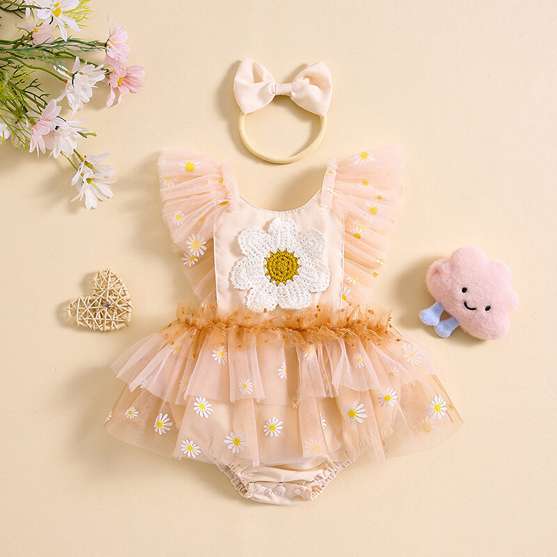 Newborn Girl Outfit, Fly Sleeve Flower Romper Dress with Bow Hairband Summer Clothes