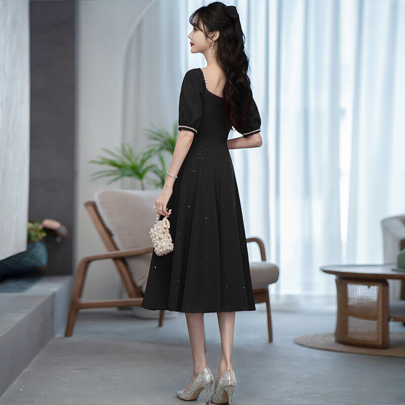 Moda quadrado pescoço vestido de festa de formatura roupas verão feminino vintage elegante manga curta uma linha vestido de noite