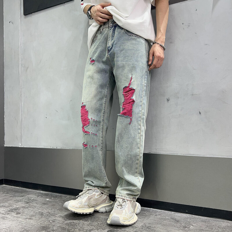 Modna, z dziurami jeansy Y2K męskie retro w trudnej sytuacji modne luźne, dopasowane spodnie z szerokimi nogawkami