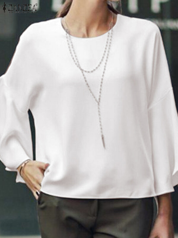 Женская блузка ZANZEA с расклешенными рукавами, Однотонная рубашка, осень 2023, повседневные свободные топы с круглым вырезом, модная туника, корейские свободные рубашки