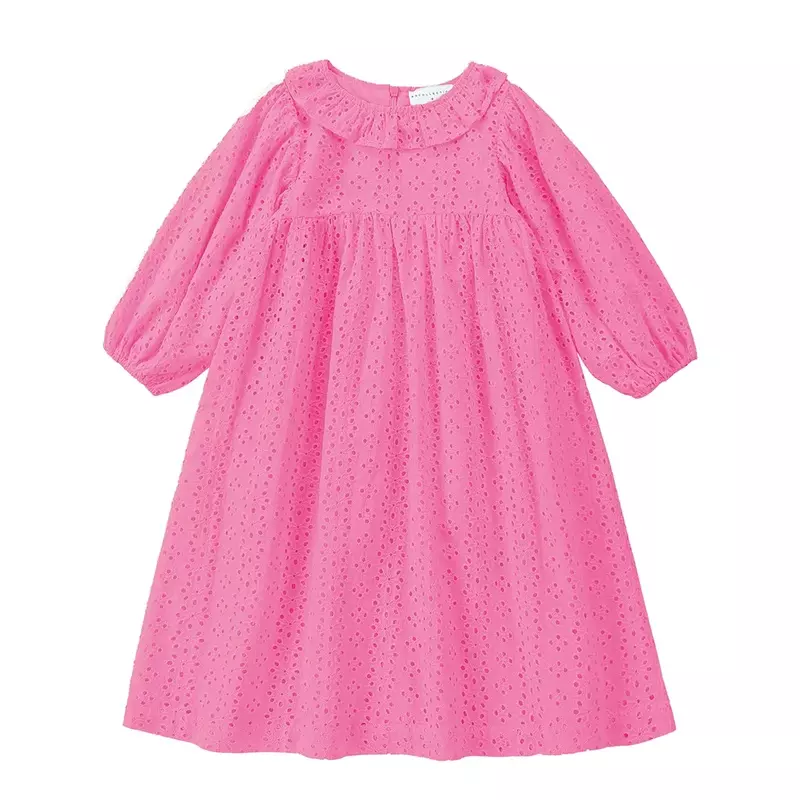 ชุดเดรสผ้ามัสลินคอแต่งระบายชุดคอแอปริคอทของเด็กผู้หญิงชุดเดรสผ้าคอเสื้อรอมเปอร์ทารกสีชมพู
