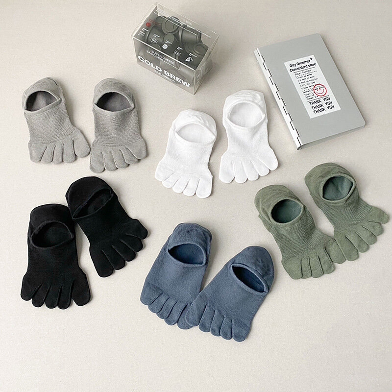 Calcetines elásticos de cinco dedos para hombre, medias cortas de algodón sólido absorbentes del sudor, antideslizantes e invisibles, 5 pares