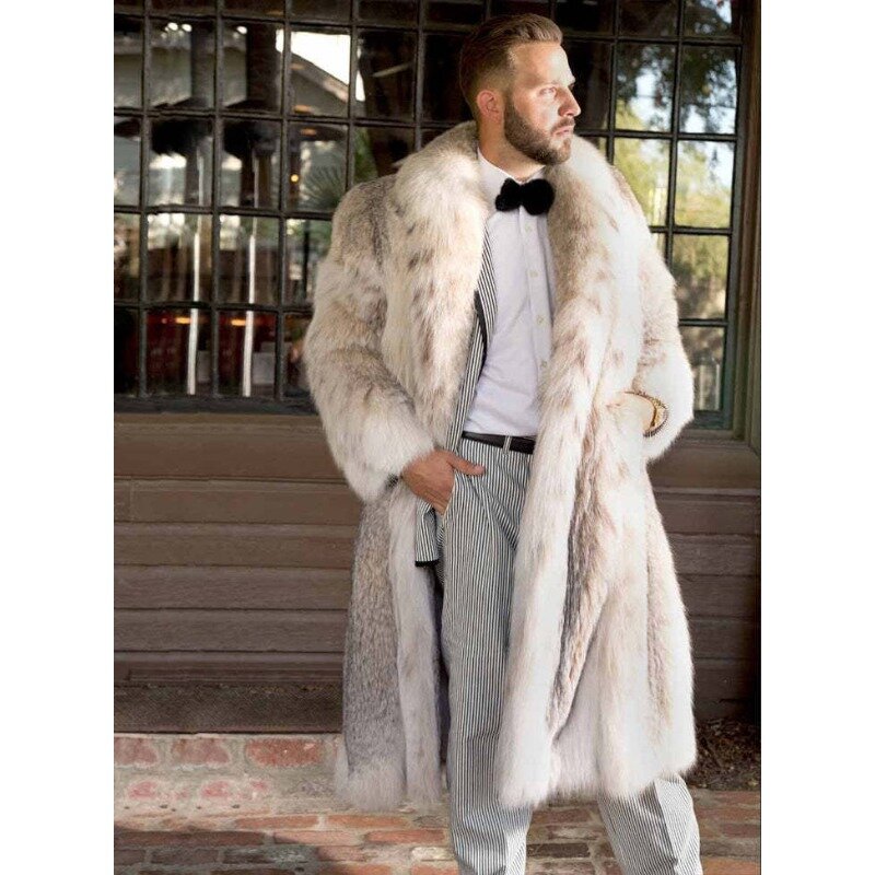 Mantel bulu untuk pria, mantel bulu rubah bulu buatan motif macan tutul Bobcat panjang sedang untuk pria