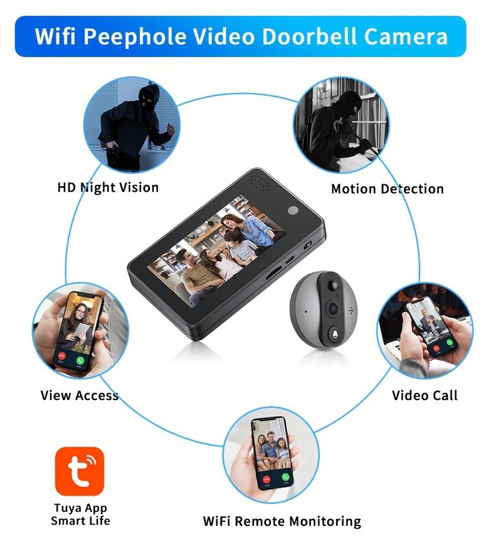 Tuya Smart 3MP WiFi DoorBell Глазок Камера Ночной звонок Горячий зритель Домашняя безопасность Видеодомофон в частном доме