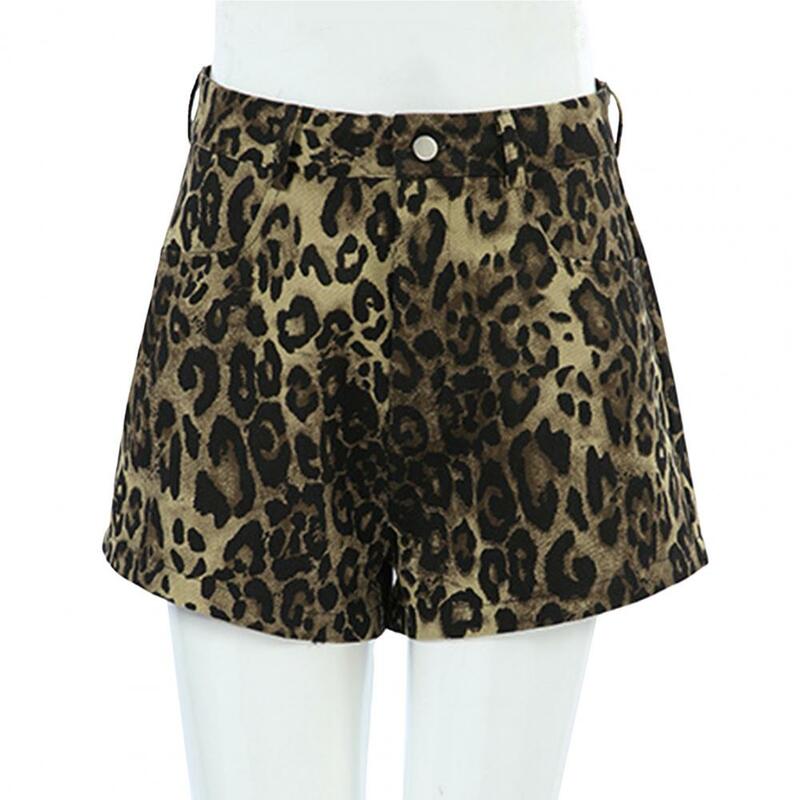 Shorts de cintura alta com estampa de leopardo feminino, mini shorts slim fit lateral, festas de verão