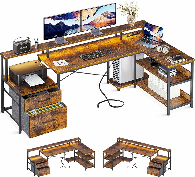 ODK-L Shaped Mesa do computador com gaveta de arquivo, mesa de escritório reversível, com tomada, tira LED, 75 em