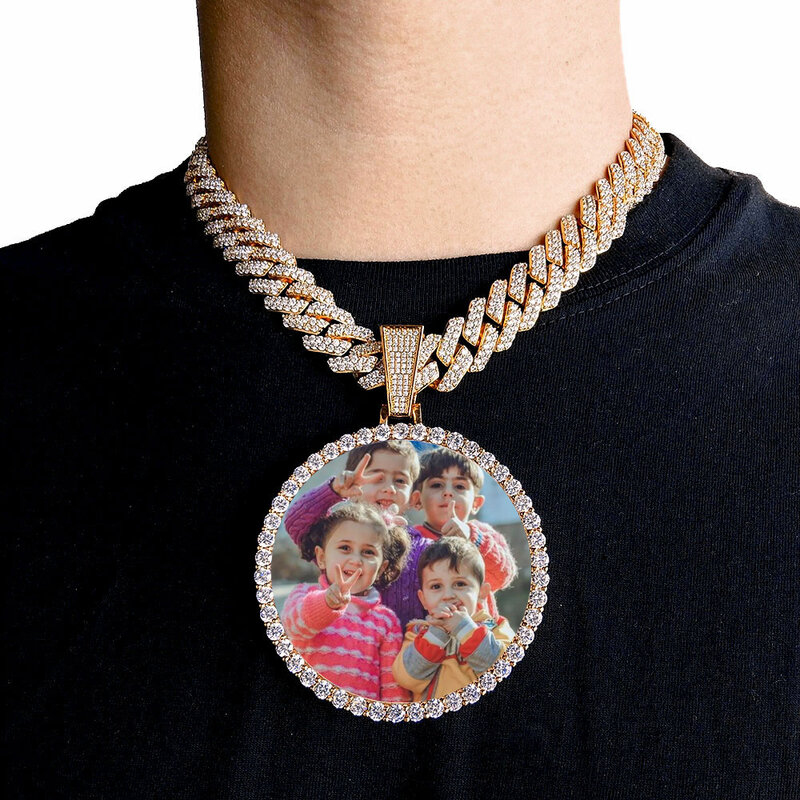Medaglioni fotografici grandi su misura ciondolo collana in oro 18 carati Iced Out Cuban Men Hip Hop Picture Jewelry Gift Can Free Logo personalizzato