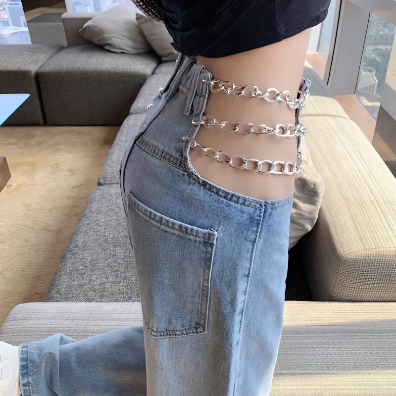 Дизайнерские Соблазнительные ажурные прямые джинсы с цепочкой и высокой талией, свободные облегающие прямые женские прямые длинные брюки с широкими штанинами для девушек