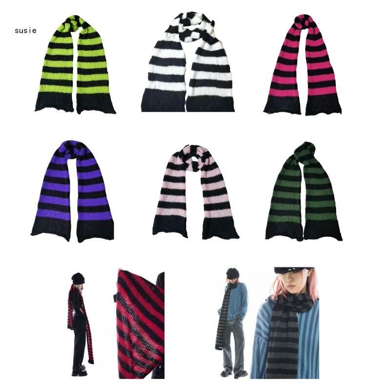X7YA Fashion Contrast Color Stripe Scarf for Girls Casual Punk Y2K Scarf Decorative Accessories Female Warm Neck Wrap