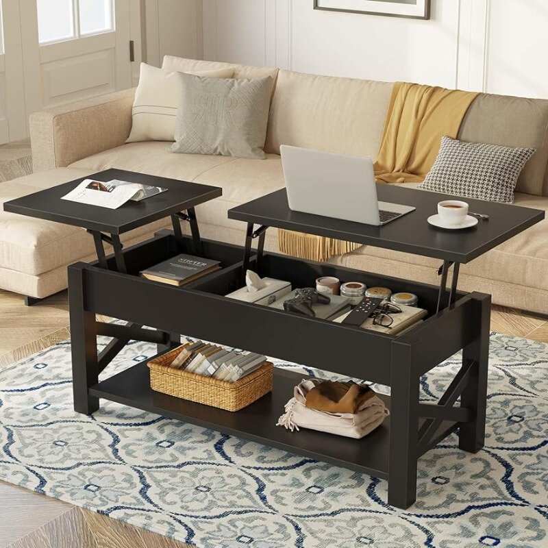 Rolanstar Coffee Table 47.2", 2 Way Lift Top Farmhouse Center Table with Hidden Compartment, Open Shelf & X Wooden Support