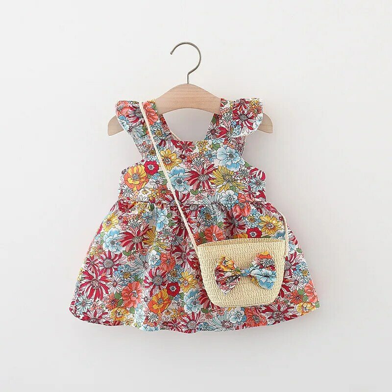 여아용 빈티지 정원 꽃 플라잉 슬리브 드레스, 밀짚 가방 포함, 여름 신상