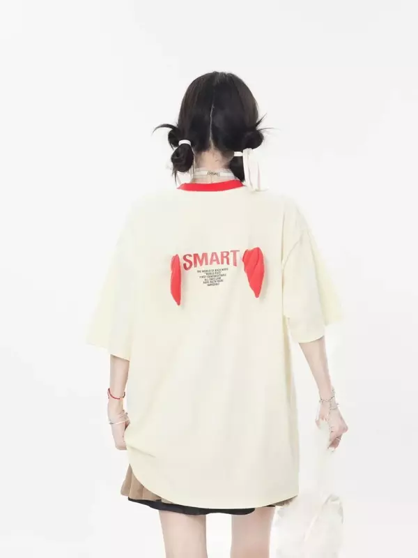 Harajuku Demon skrzydło T koszula kobiety z luźna krótka rękawem główna ulica Y2k Top Goth pary ponadgabarytowych graficzne t-shirty damskie ubrania