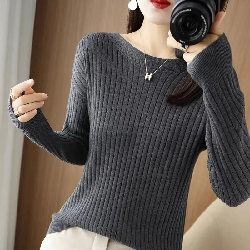 Suéter de punto con cuello redondo para mujer, jersey de manga larga, blusa elástica suave, moda de otoño, 2024