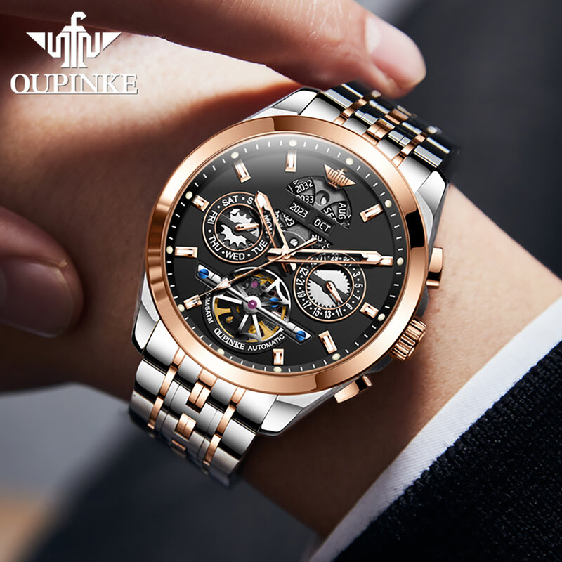 Oupinke นาฬิกาผู้ชายแบรนด์หรูของแท้, นาฬิกาข้อมือผู้ชายเต็มรูปแบบกันน้ำนาฬิกาข้อมือสายสแตนเลสอเนกประสงค์