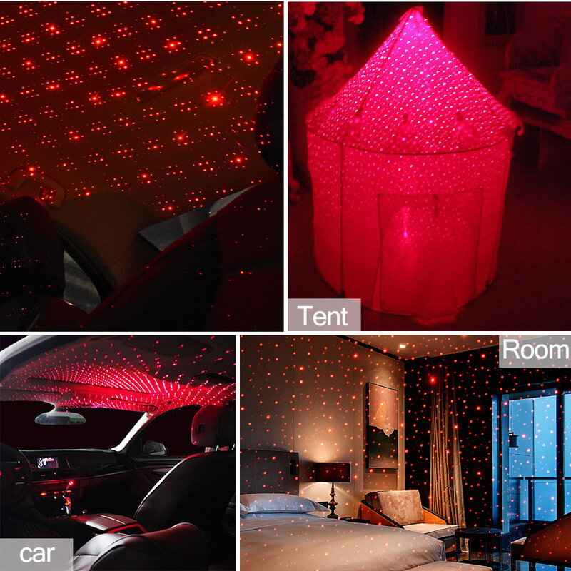 Lampu proyektor LED atap mobil, 2x LED suasana bintang, lampu panggung Laser USB romantis, dekorasi pesta rumah cahaya berbintang untuk kamar tidur DJ