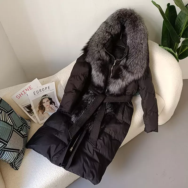 FURYOURSELF 2023 Real Fox Fur Collar Winter Women White Duck Down Long Jacket Belt Female Warm Coat Luxury Slim Hooded Outerwear